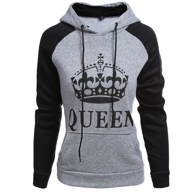 Felpa Con Cappuccio Unisex King Queen Corona - Stampata, Manica Lunga, Sweatshirt Oversize Per Coppie, Nero