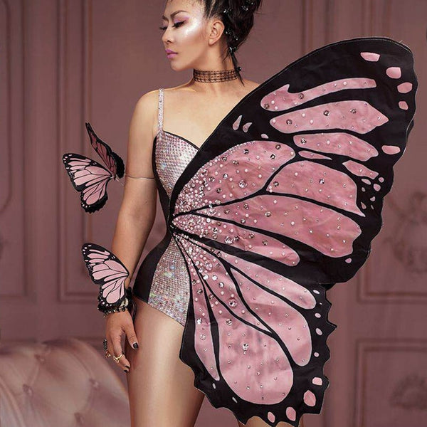 Bling Pink Butterfly Wings Rhinestones Bodysuit Dance Costume Women Wear Halloween Cosplay Costume
