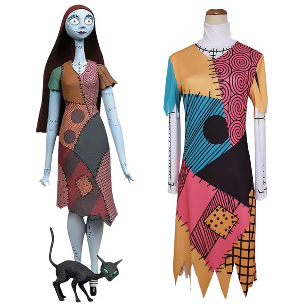 The Nightmare Before Christmas Cosplay Sally Dress Costume Halloween Party Tops Dresses Set
